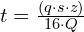 t = \frac{(q \cdot s \cdot z)}{16 \cdot Q}