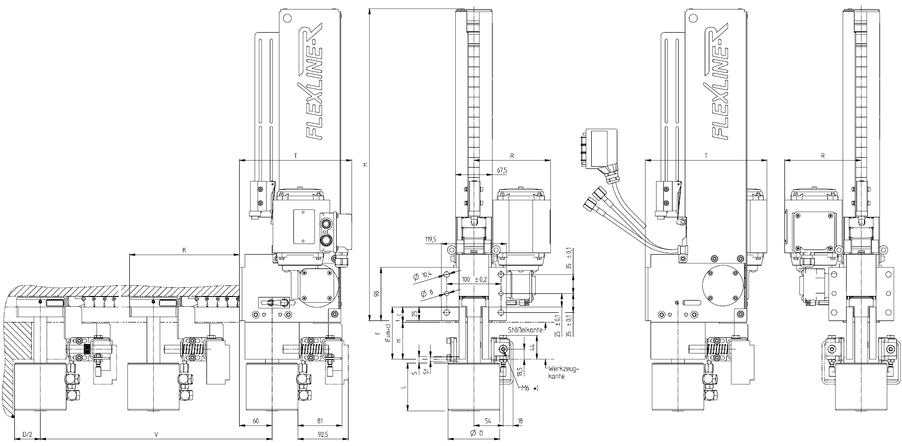 Disegno di principio della travelling clamp Flexline-R