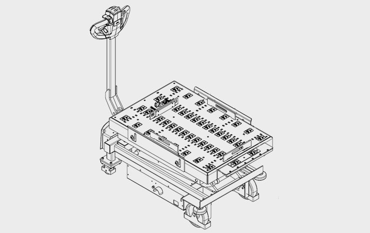 WZ88901_Disegno_Schematico Visione di assieme del carrello per cambio stampi RW 1000 ELMO, dove si può notare il piano dotato di rulli
