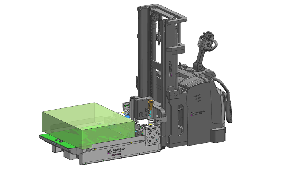 Piastra RLP montata su un carrello AGV. La piastra è dotata di sistema push-pull a batteria, con telecomando